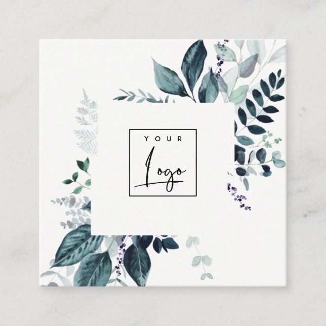 Carte De Visite Carré Logo moderne Aqua Blue Leafy Tropical Foliage Fern (Devant)