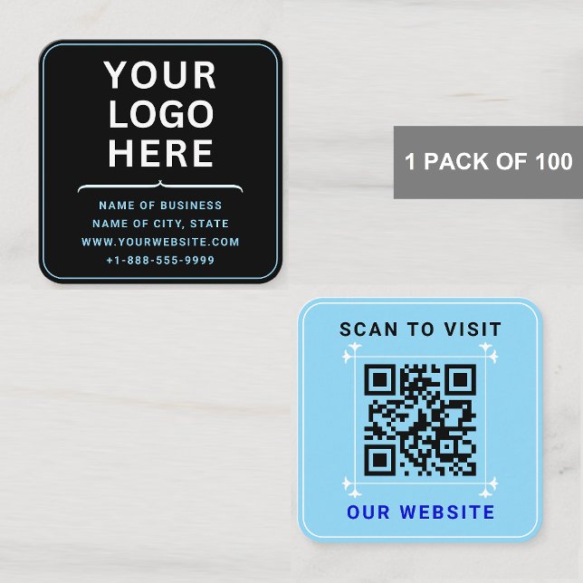 Carte De Visite Carré Logo moderne avec code QR | Bleu personnalisé (Rounded Corner Business Cards)