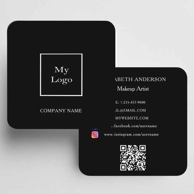Carte De Visite Carré Logo noir blanc médias sociaux QR code moderne (Créateur téléchargé)
