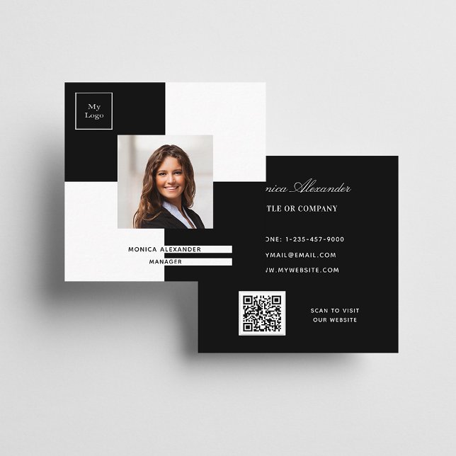 Carte De Visite Carré Logo noir blanc photo code QR (Créateur téléchargé)
