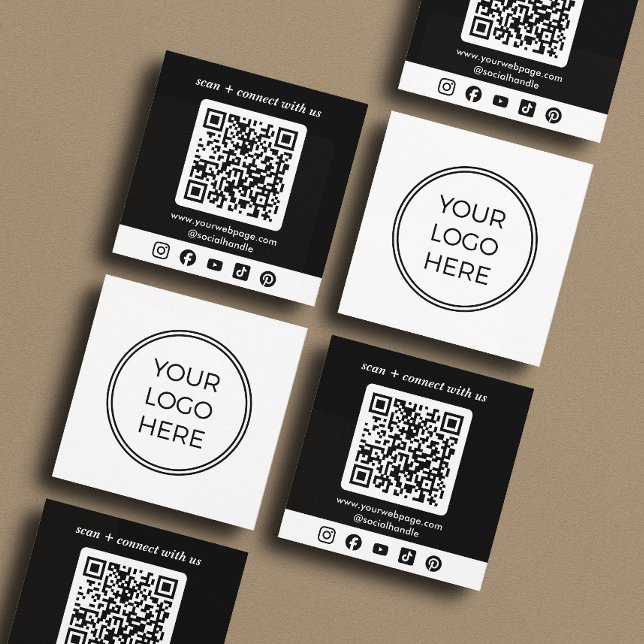 Carte De Visite Carré Logo noir QR Code Custom Social Media (Front and back of 2.5 inch square business card. Choose a corner and paper style.)