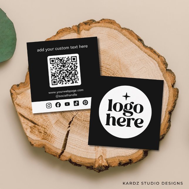 Carte De Visite Carré Logo noir QR Code Custom Social Media (Add your logo, customize social media icons and enter URL to create QR Code. Choose corner + paper.)