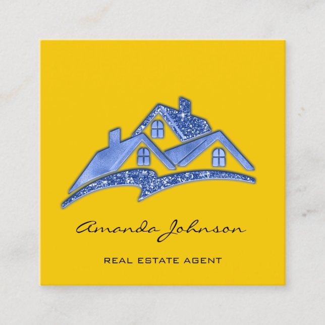 Carte De Visite Carré Logo Personnalisé Agent Immobilier Maison Bleu Jau (Devant)