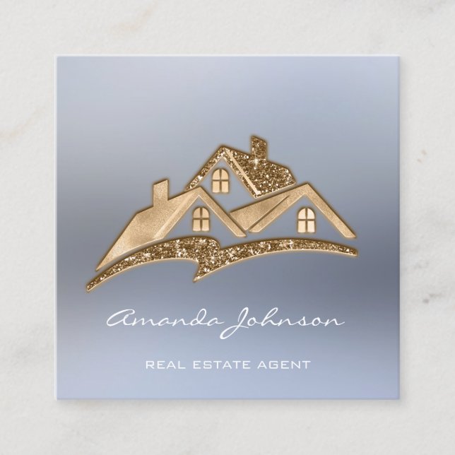 Carte De Visite Carré Logo Personnalisé Agent Immobilier Maison Smoky Bl (Devant)