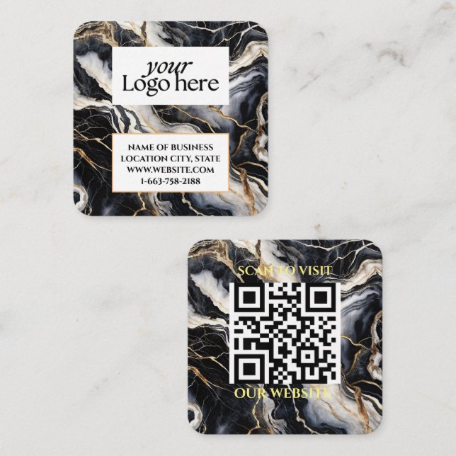 Carte De Visite Carré Logo personnalisé en marbre noir et code QR (Devant / Derrière)
