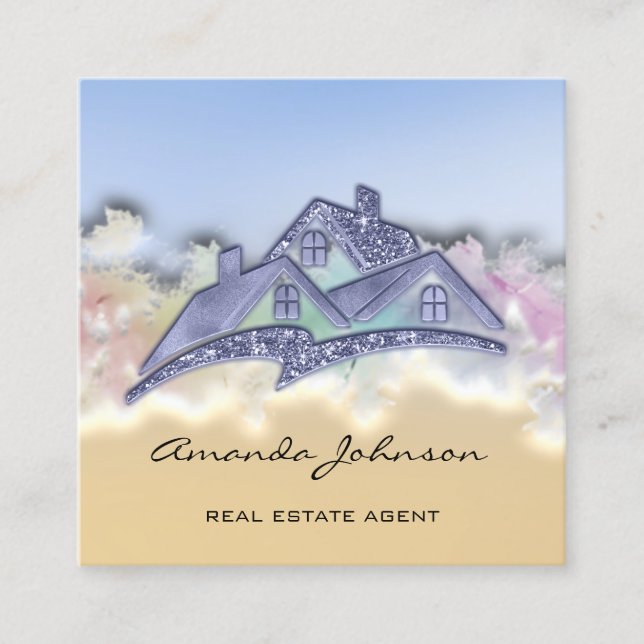 Carte De Visite Carré Logo Personnalisé Maison Agent Immobilier Home Blu (Devant)
