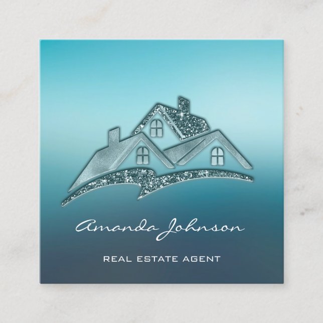 Carte De Visite Carré Logo Personnalisé Maison Agent Immobilier Home Blu (Devant)