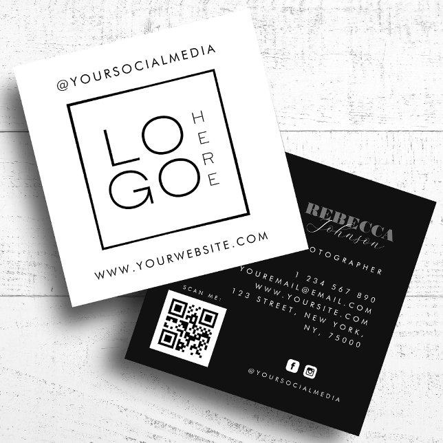 Carte De Visite Carré Logo personnalisé noir blanc Photo Code QR Médias  (Créateur téléchargé)
