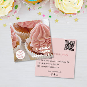 Carte De Visite Carré Logo personnalisé Photo QR Boulangerie Rose