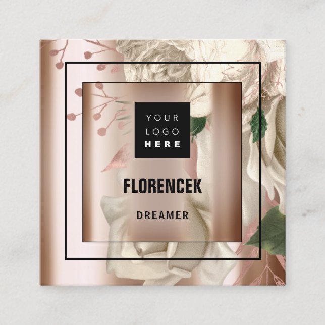 Carte De Visite Carré Logo personnalisé QR CODE Rose Gold Frame FLowers (Devant)