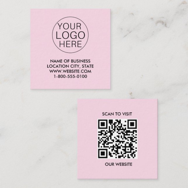 Carte De Visite Carré Logo personnalisé rose blanc et code QR (Devant / Derrière)