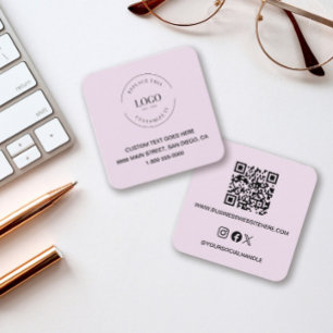 Carte De Visite Carré Logo Personnalisé Rose Icônes sociales QR Code mod