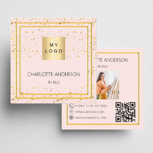 Carte De Visite Carré Logo photo en or noir rose code QR