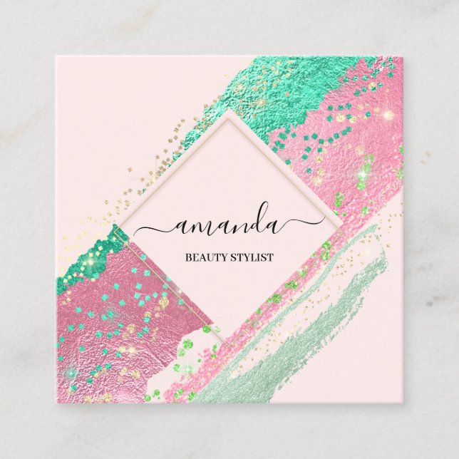 Carte De Visite Carré Logo professionnel maquillage de beauté Rose rose (Devant)