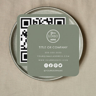 Carte De Visite Carré Logo Professionnel Minimaliste Qr Code Sage Vert