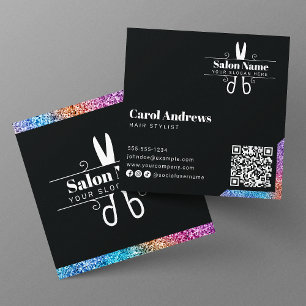 Carte De Visite Carré Logo QR Code Élégant de Coiffeur avec Cheveux Noir