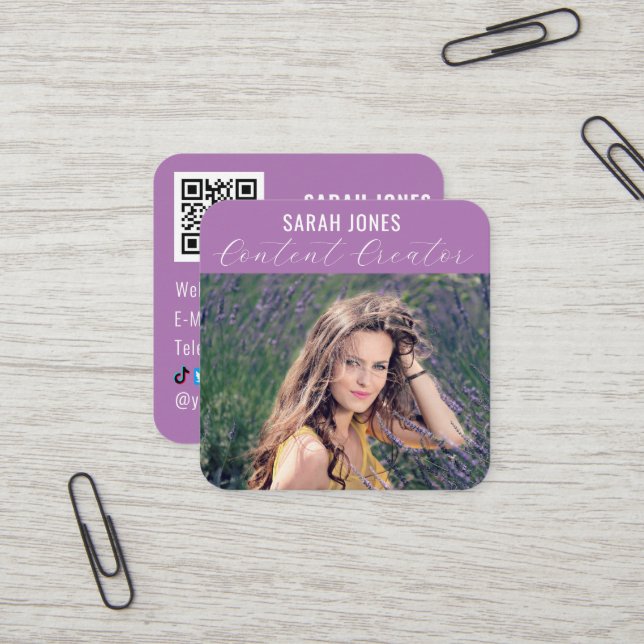 Carte De Visite Carré Logo QR Code Influencer Médias sociaux (Devant/Arrière en situation)