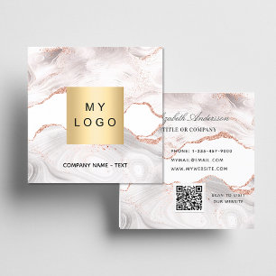 Carte De Visite Carré Logo rose en marbre or agate code QR élégant