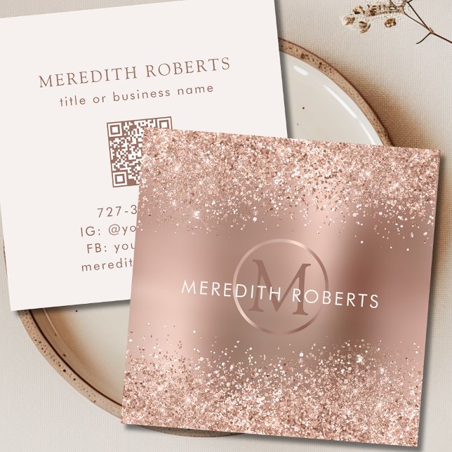 Carte De Visite Carré Logo rose Gold Parties scintillant Monogram (Rose Gold Glitter Monogram Logo Square Business Card)