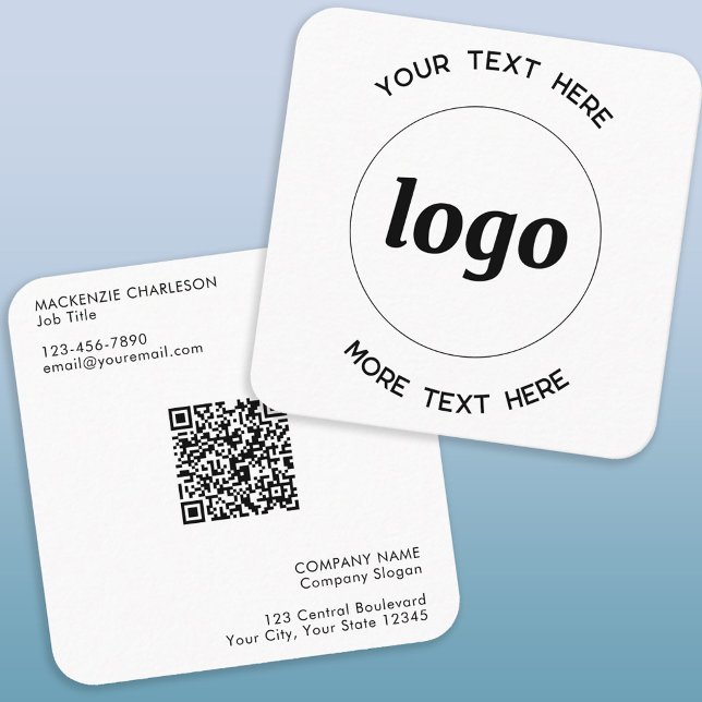 Carte De Visite Carré Logo simple et code QR texte (Logo with custom text and QR code square business card)