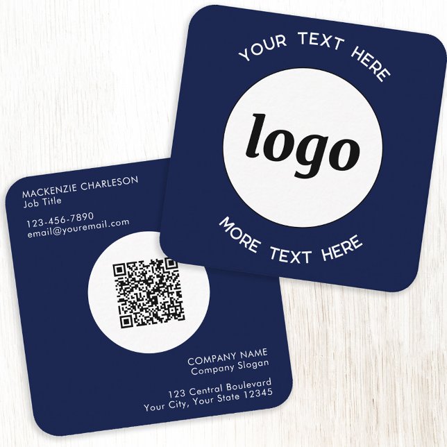 Carte De Visite Carré Logo simple et texte QR Code bleu marine (Simple logo with custom text and QR code professional navy blue square business cards)