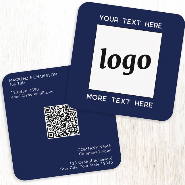 Carte De Visite Carré Logo simple et texte QR Code bleu marine (Simple logo with QR code and custom text navy blue square business card)