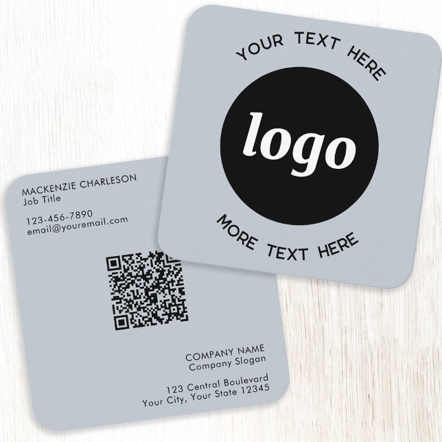 Carte De Visite Carré Logo simple et texte QR Code Poudre bleu (Logo with QR code and custom text dusty powder blue business card)