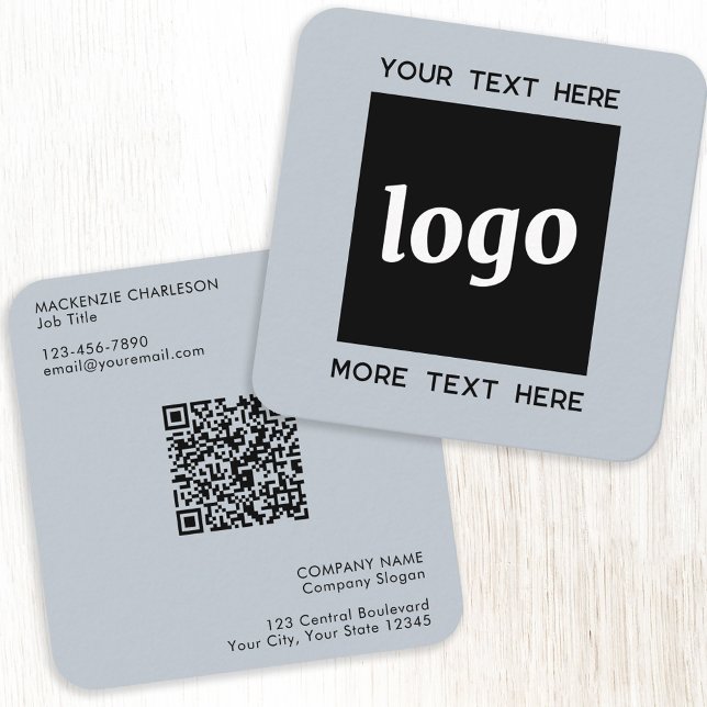 Carte De Visite Carré Logo simple et texte QR Code Poudre bleu (Logo with QR code and custom text dusty powder blue square business card)