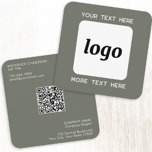 Carte De Visite Carré Logo simple et texte QR Code Sage vert