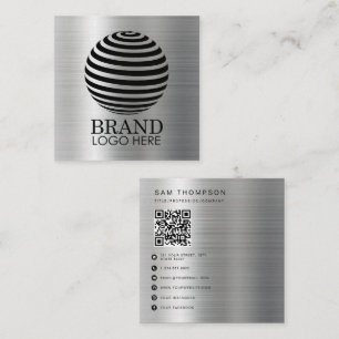 Carte De Visite Carré Logo simple QR Code moderne argent métallique
