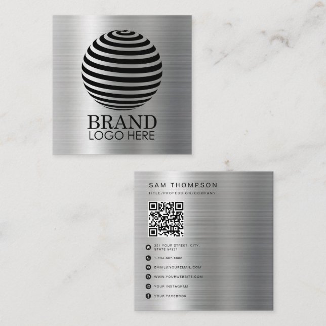 Carte De Visite Carré Logo simple QR Code moderne argent métallique (Devant / Derrière)
