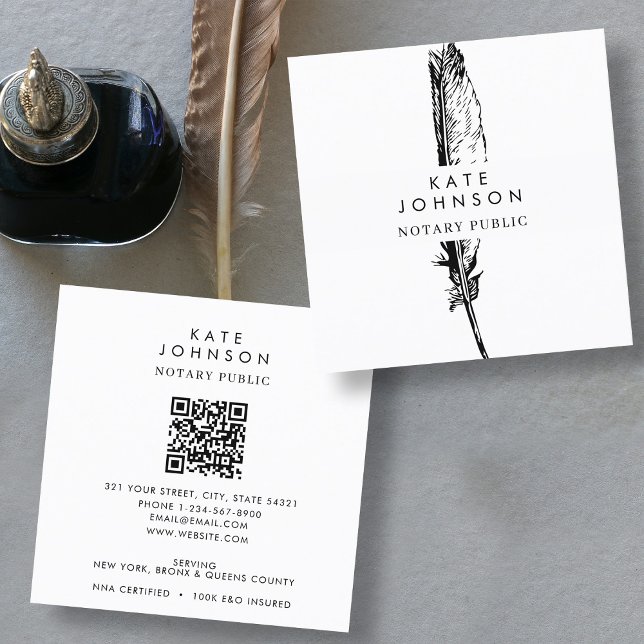 Carte De Visite Carré Logo Stylish Notaire Signer Agent Feather Quill (Stylish Notary Signing Agent Feather Quill Logo Square Business Card)