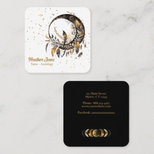 Carte De Visite Carré Lune céleste noire avec plumes d'or