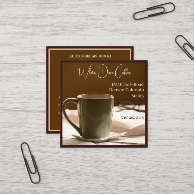Carte De Visite Carré Lunettes de journaux Mug Café Barista Café (Devant/Arrière en situation)