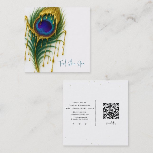 Carte De Visite Carré Luxe Beauté Gold Drift Glam Peacock Feather (Devant / Derrière)