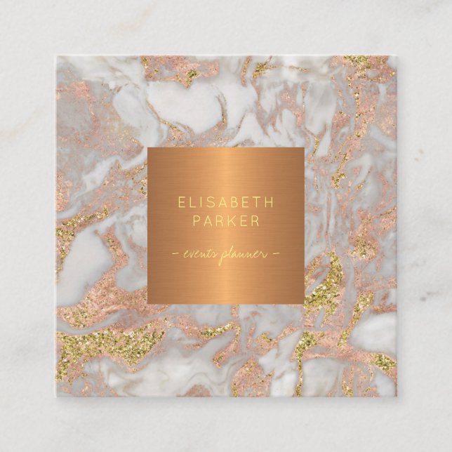Carte De Visite Carré Luxe élégant glam rose or marbre monogrammed (Devant)