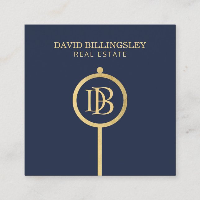 Carte De Visite Carré Luxe Faux Gold Skeleton Clé Monogramme Realtor Ble (Devant)