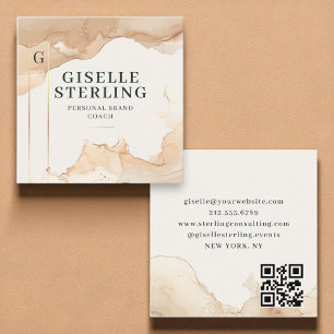 Carte De Visite Carré Luxe QR Code Aquarelle Beige Or Foil