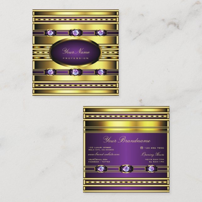 Carte De Visite Carré Luxueux Gold et Purple avec Faux Rhinestones Sq (Devant / Derrière)