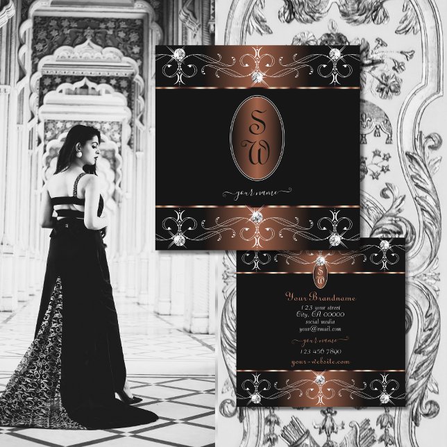 Carte De Visite Carré Luxueux Noir Brown Ornat Ornements Initiales (Créateur téléchargé)