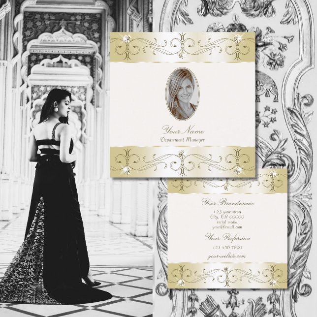 Carte De Visite Carré Luxueux ornement de crème dorée avec photo (Créateur téléchargé)