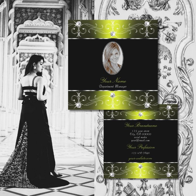 Carte De Visite Carré Luxueux ornement noir jaune avec photo (Créateur téléchargé)