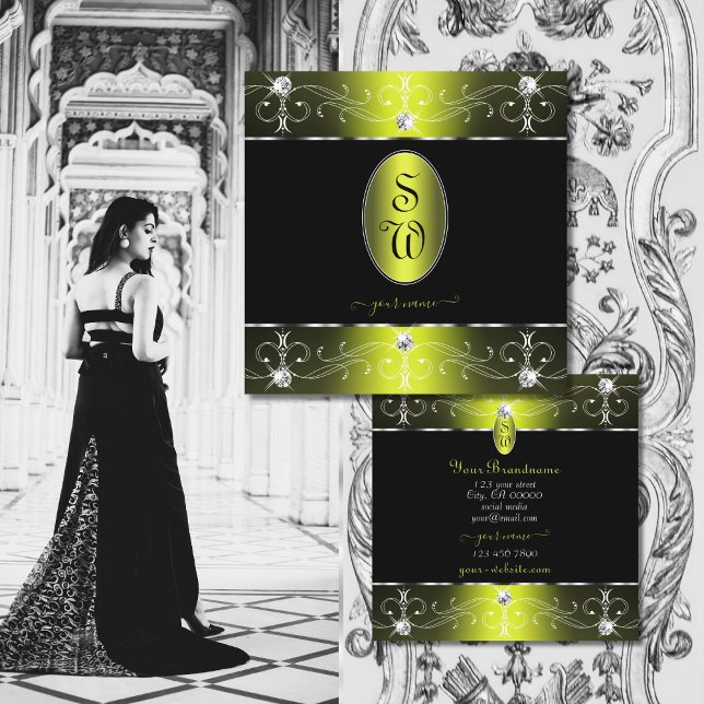 Carte De Visite Carré Luxueux ornement noir jaune ornemental Monogramme (Créateur téléchargé)