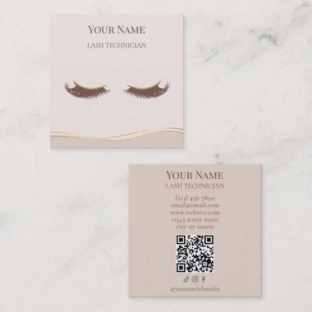 Carte De Visite Carré Luxury QR code Beige and Gold Lash Technician (Devant / Derrière)