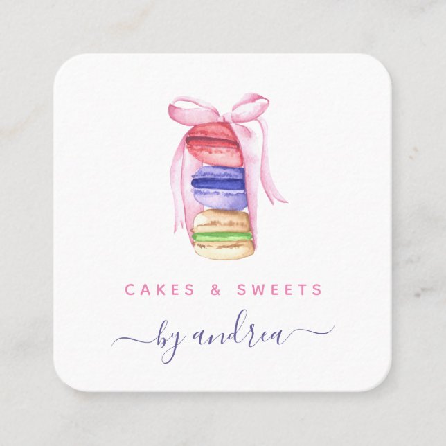 Carte De Visite Carré Macarons et code QR de ruban rose (Devant)