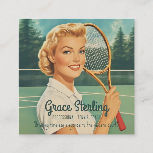 Carte De Visite Carré Magazine des années 1950 Illustration Tennis Woman (Devant)