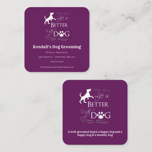 Carte De Visite Carré Magenta Funny Citation Chien Grooming (Devant / Derrière)