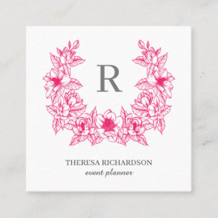 Carte De Visite Carré Magenta Magnolia Wreath Monogramme médias sociaux