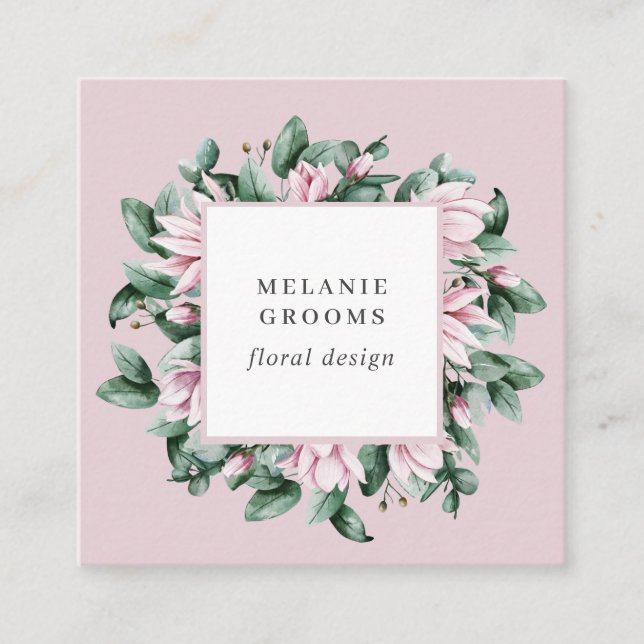 Carte De Visite Carré Magnolia et Eucalyptus cadre floral rose (Devant)