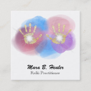 Carte De Visite Carré Mains curatives de Reiki d'or d'aluminium de *~*